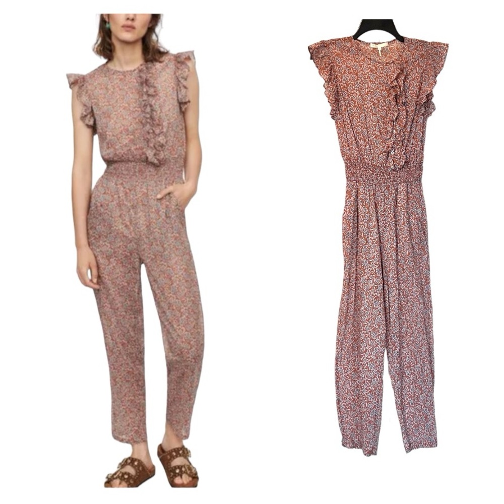 MAJE Paris palys terracotta floral smocked waist ruffle jumpsuit Size Small
